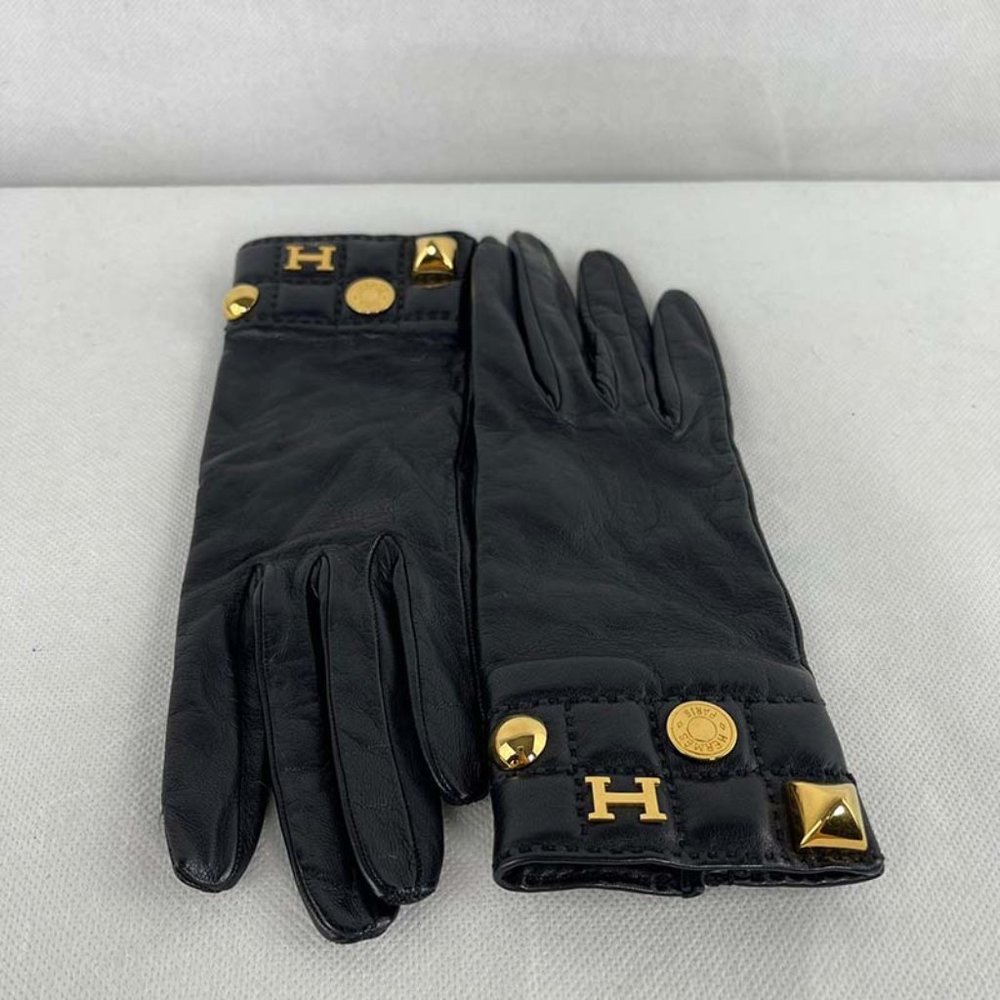 Hermès Black Medoru Logos Leather Gold Hardware Gloves #6